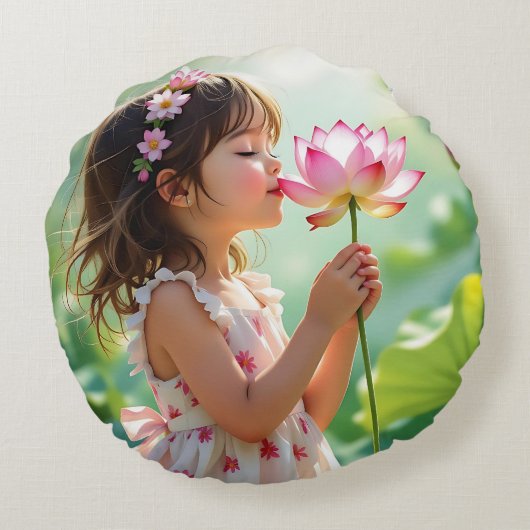 Lief Meisje dat een Bloem Ruikt Rond Kussen (Achterkant)