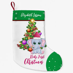 Lief meisje EERSTE KERSTFEES Groene Olifant BABY'S Kleine Kerstsok