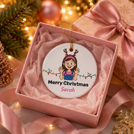 Lief meisje in een cartoon vrolijk kerstfeest keramisch ornament