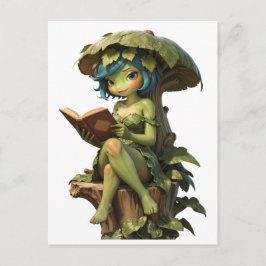 Lief meisje kikker leest boek onder blad briefkaart