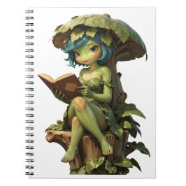 Lief meisje kikker leest boek onder blad notitieboek