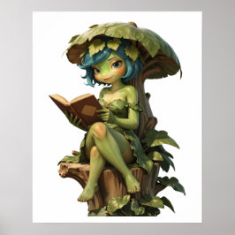 Lief meisje kikker leest boek onder blad poster