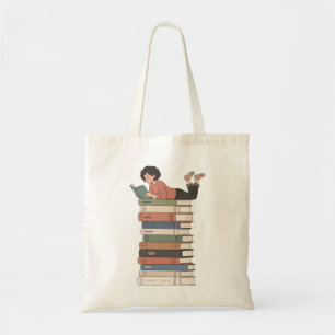 Lief meisje leest stapel boeken kunst tote bag