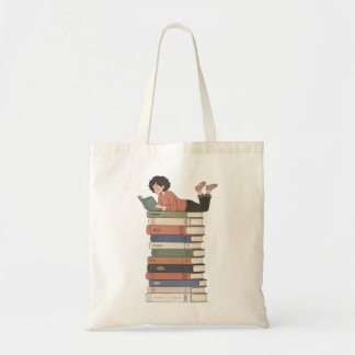Lief meisje leest stapel boeken kunst tote bag