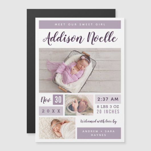 Lief meisje magnetische foto geboorte aankondiging (Voorkant / Achterkant)