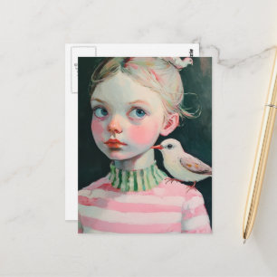 Lief meisje met de vogel op haar schouder briefkaart