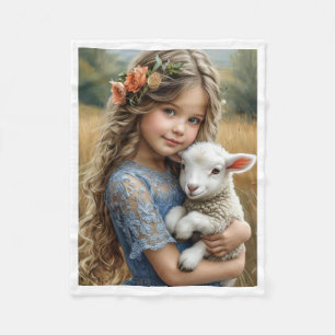 Lief meisje met een schattig lammetje in een lande fleece deken