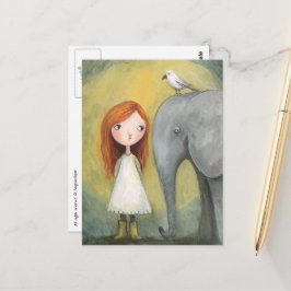 Lief meisje rood haar met olifant en vogel briefkaart
