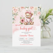 Lief meisje teddybeer met bloemetjes baby shower kaart (Staand voorkant)