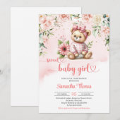 Lief meisje teddybeer met bloemetjes baby shower kaart (Voorkant / Achterkant)