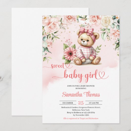 Lief meisje teddybeer met bloemetjes baby shower kaart (Voorkant / Achterkant)