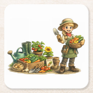 Lief Meisje Tuinier Oogst Groenten Kunst Kartonnen Onderzetters