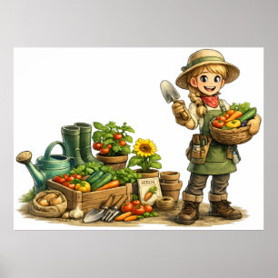 Lief Meisje Tuinier Oogst Groenten Kunst Poster
