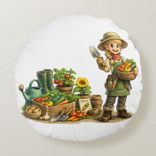 Lief Meisje Tuinier Oogst Groenten Kunst Rond Kussen