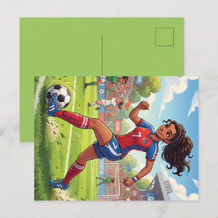 Lief meisje uit een cartoon speelt voetbal feestdagenkaart