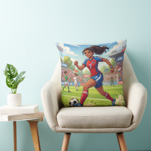 Lief meisje uit een cartoon speelt voetbal kussen