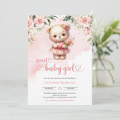 Lief meisje waterverf teddybeer blush floral kaart (Staand voorkant)