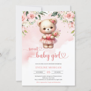 Lief meisje waterverf teddybeer blush floral kaart