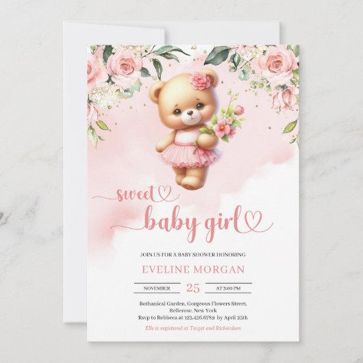 Lief meisje waterverf teddybeer blush floral kaart (Voorkant)