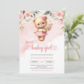 Lief meisje waterverf teddybeer blush floral kaart (Staand voorkant)