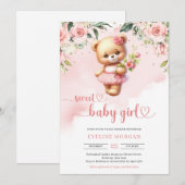 Lief meisje waterverf teddybeer blush floral kaart (Voorkant / Achterkant)