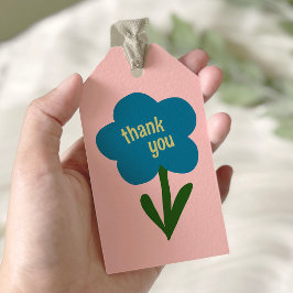 Lief Moderne Bloem Blauw en Roze Dank Je Wel Cadeaulabel