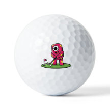 Lief monster met één oog en roze kleur speelt golf