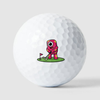 Lief monster met één oog en roze kleur speelt golf golfballen