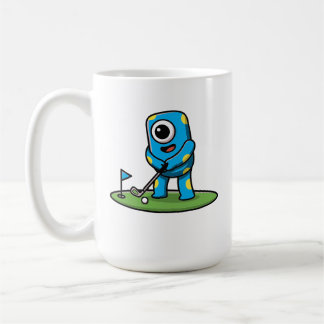 Lief monster met één oog en roze kleur speelt golf koffiemok