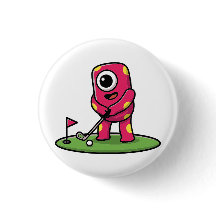 Lief monster met één oog en roze kleur speelt golf