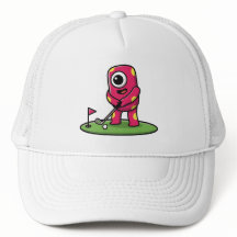 Lief monster met één oog en roze kleur speelt golf