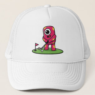 Lief monster met één oog en roze kleur speelt golf trucker pet