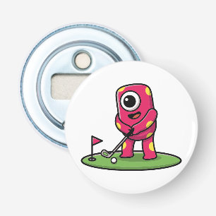 Lief monster met één oog en roze speelt golf carto button flesopener