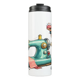Lief Naai Meisje Cartoon met Vintage Machine Thermosbeker