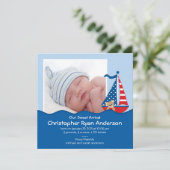 Lief nautisch zeilboot babyjongen foto aankondigin aankondiging (Staand voorkant)