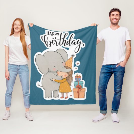 Lief olifant knuffel verjaardagssticker fleece deken (In situ)