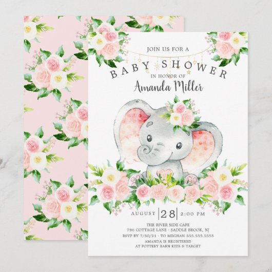 Lief Olifant Meisjes Baby shower Invitation Kaart (Voorkant / Achterkant)