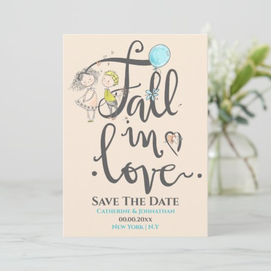 Lief paar verliefd teken typografie herfst liefde save the date (Staand voorkant)