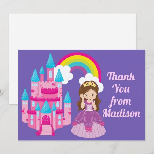 Lief paars prinsessen kasteel verjaardagsmeisje bedankkaart (Voorkant / Achterkant)