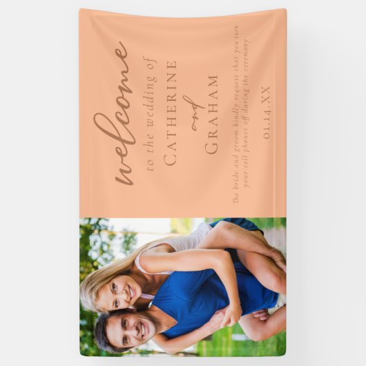 Lief perzik bruiloft paar foto welkom spandoek (Verticaal)