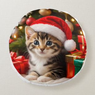 Lief Pluizig Kattenkop Kerst Ornament Rond Kussen