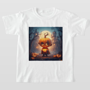 Lief pompoenkarakter in een griezelige Halloween-o T-shirt