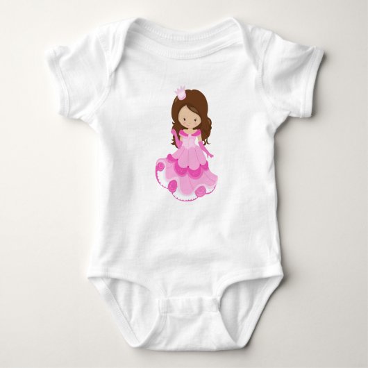 Lief prinsesje, kroon, roze jurk, bruin haar romper (Voorkant)