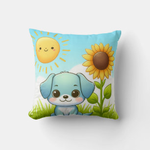 Lief puppy met zonnebloem en lachende zon kussen