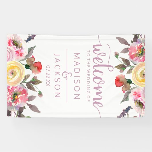 Lief Roos Waterverf Bloemen bruiloft Welkom Spandoek (Horizontaal)