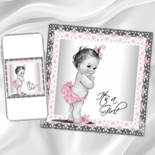 Lief roze en grijs babyshower voor meisje kaart