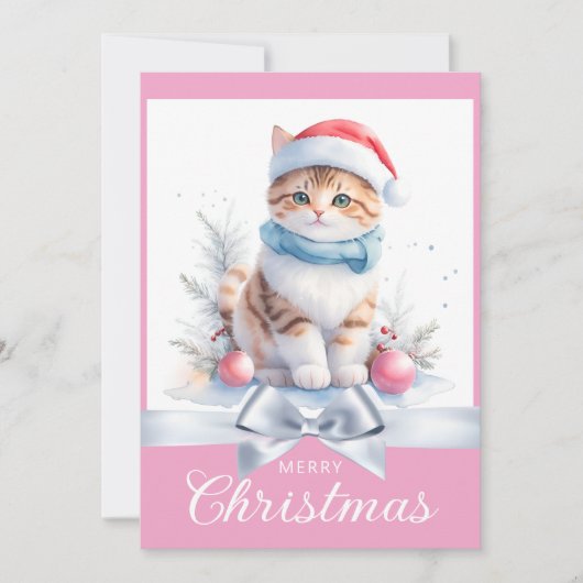 Lief Roze Schattige Kerstmis Kat Xmas Groet Feestdagenkaart (Voorkant)
