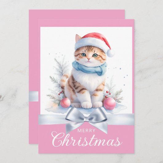 Lief Roze Schattige Kerstmis Kat Xmas Groet Feestdagenkaart (Voorkant / Achterkant)