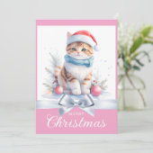 Lief Roze Schattige Kerstmis Kat Xmas Groet Feestdagenkaart (Staand voorkant)