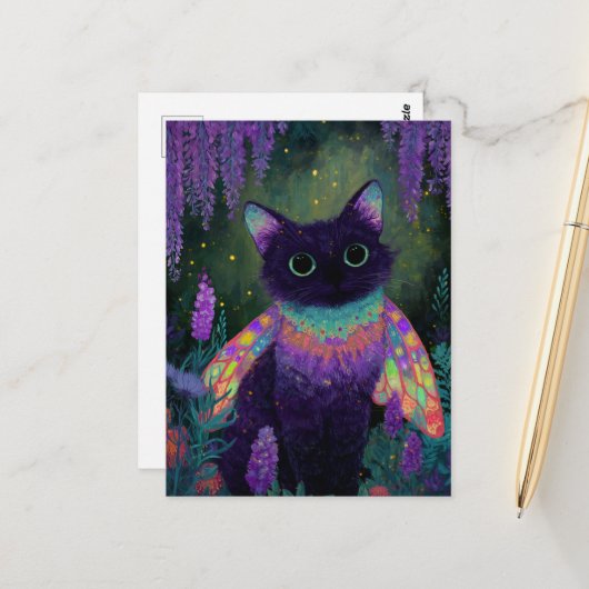 Lief schattige zwarte kat fee briefkaart (Voorkant / Achterkant in situ)